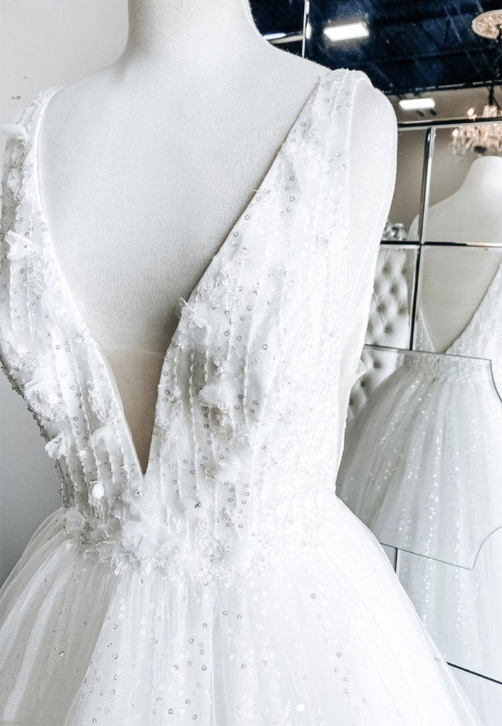 White v neck tulle sequins long ball gown dress M681