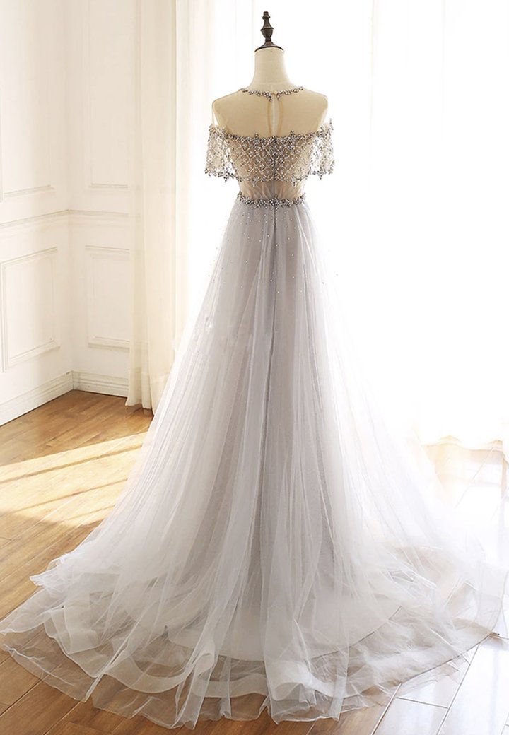 Gray tulle beads long prom dress evening dress M646