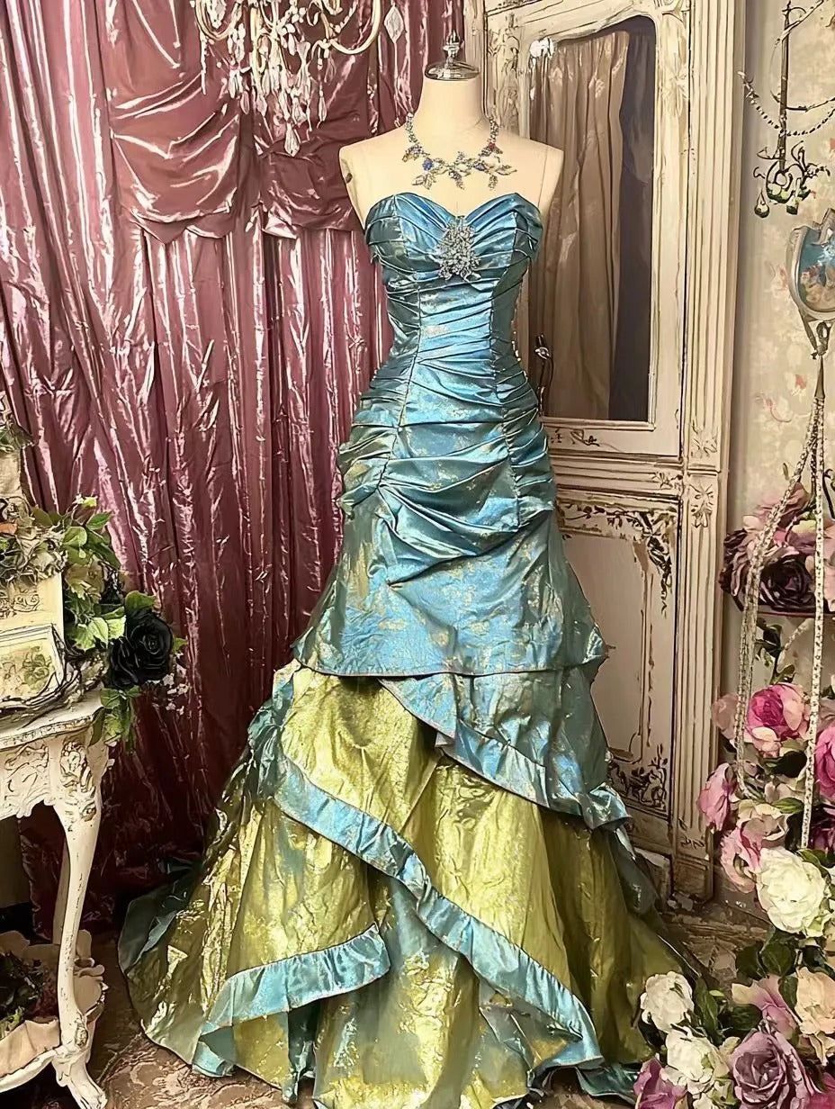 Vintage Blue Green Ombre Stunning Layered Satin Prom Dress Evening Dress SH5666