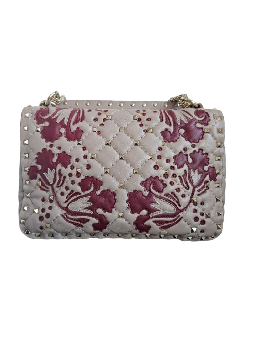 Valentino Beige/Red Flower Intarsia Leather Rockstud Chain Shoulder Bag