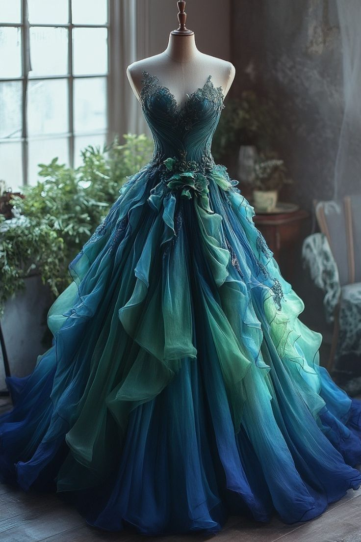 Gradient Strapless A-Line Appliques Chiffon Long Prom Dress Evening Gown, D749
