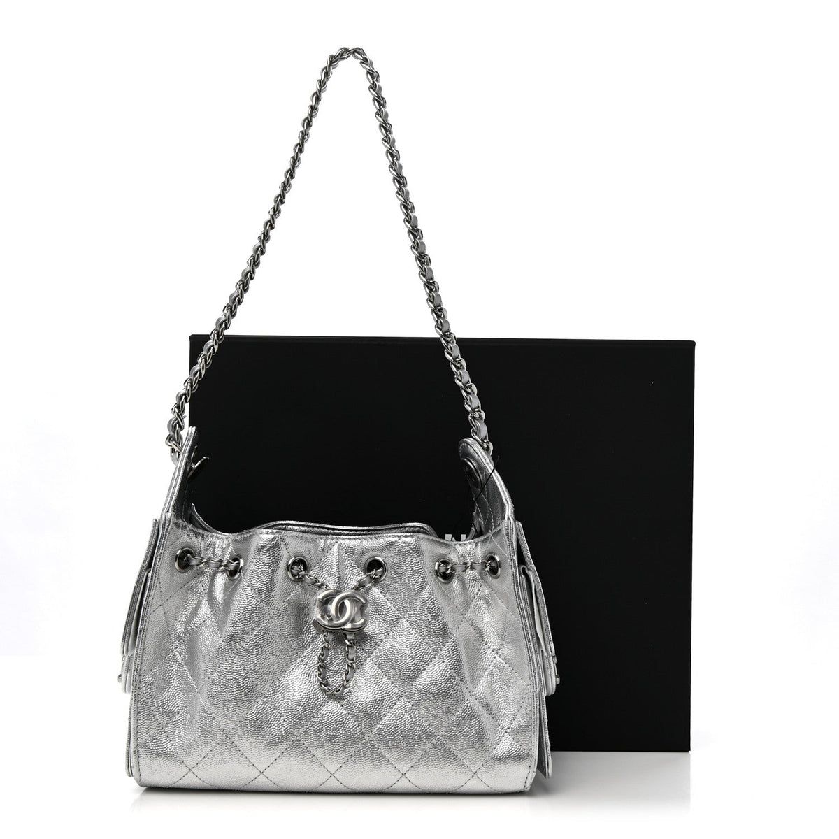 Metallic Caviar Quilted Mini Chanel 25 Handbag Silver