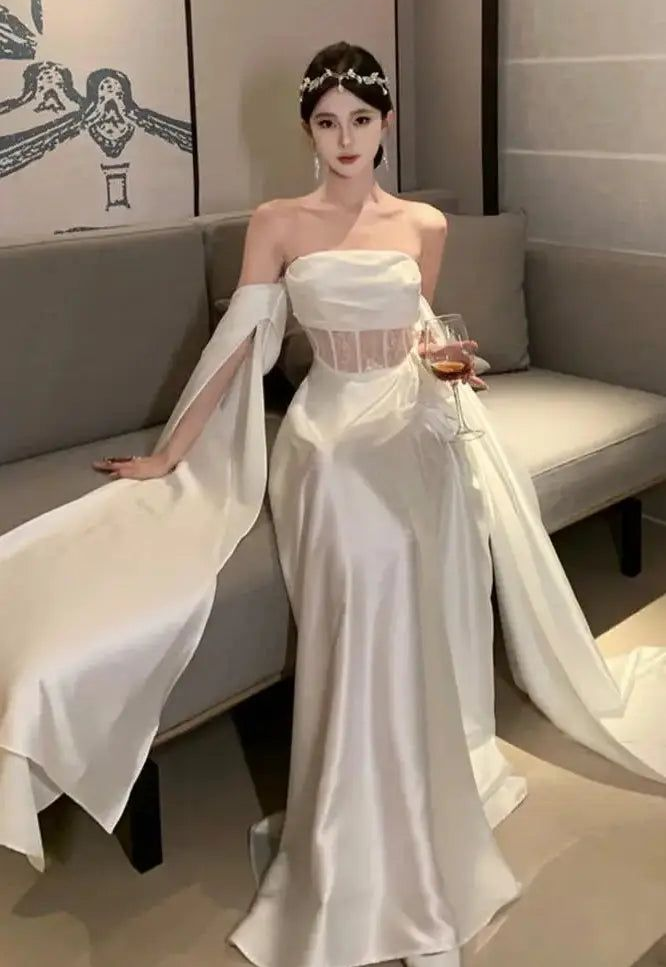 White Off Shoulder A-Line Lace Satin Long Prom Dress Wedding Dress MD7537