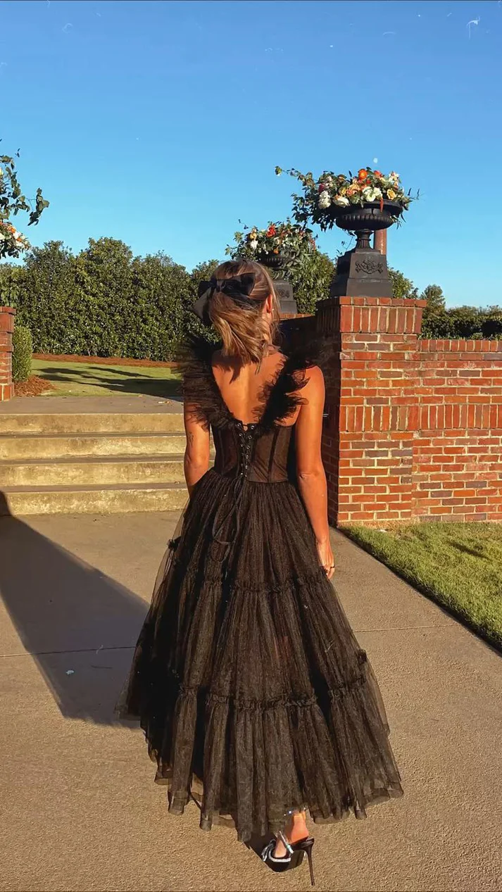 Black Straps A-Line Tulle Long Party Dress Princess Prom Gown MD7322