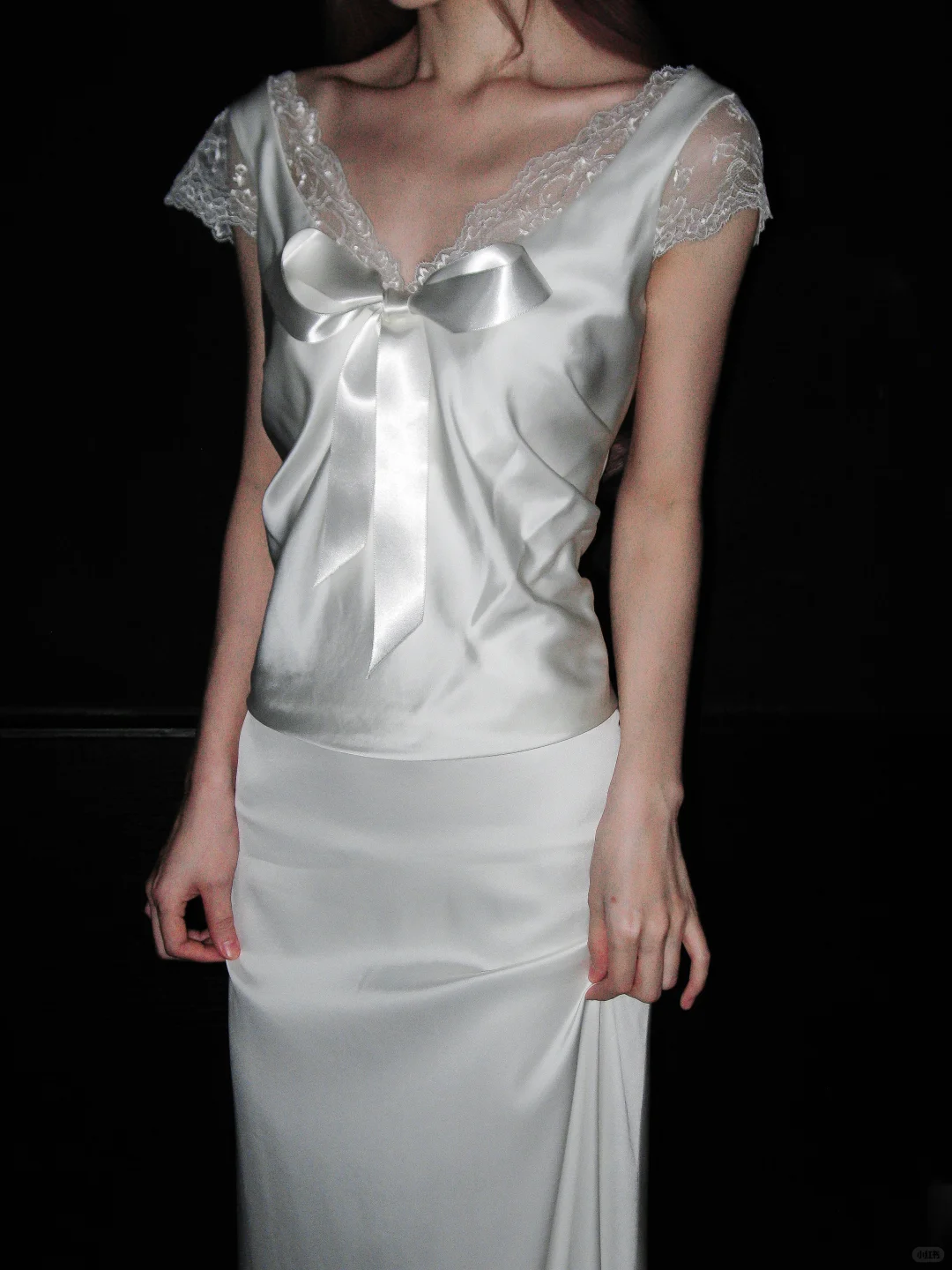 Sweety A Line Bow White Lace Satin Long Sweep Wedding Dress SH5229