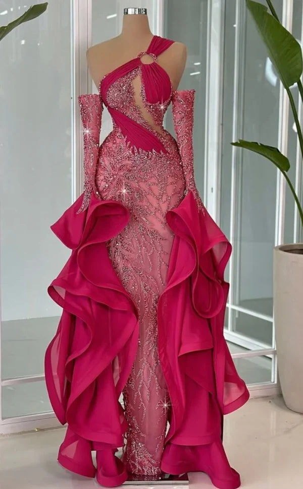 Hot Pink One Shoulder Mermaid Beading Long Evening Dress Party Gowns, D917