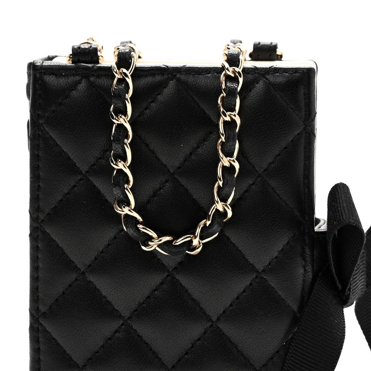 Lambskin Quilted Book Card Holder on Chain Black