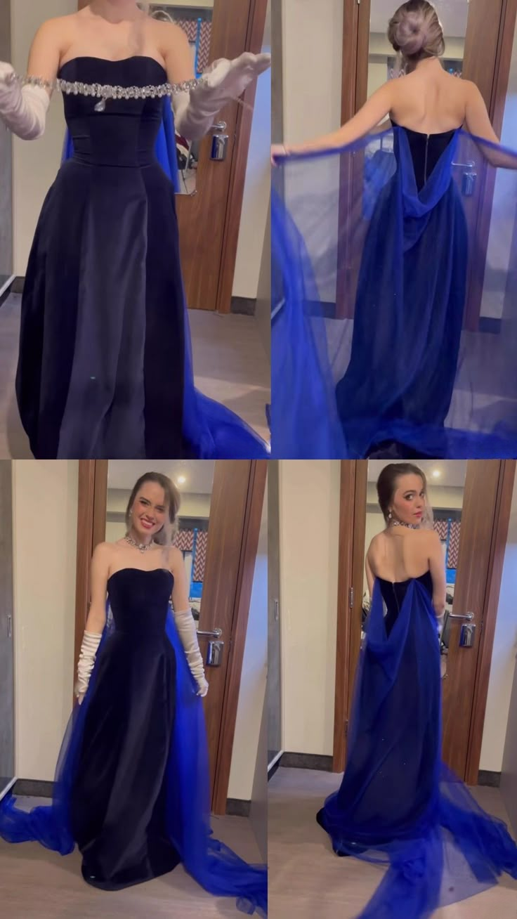 Navy Blue Strapless A-Line Satin Long Evening Party Dresses Birthday Outfits, D961