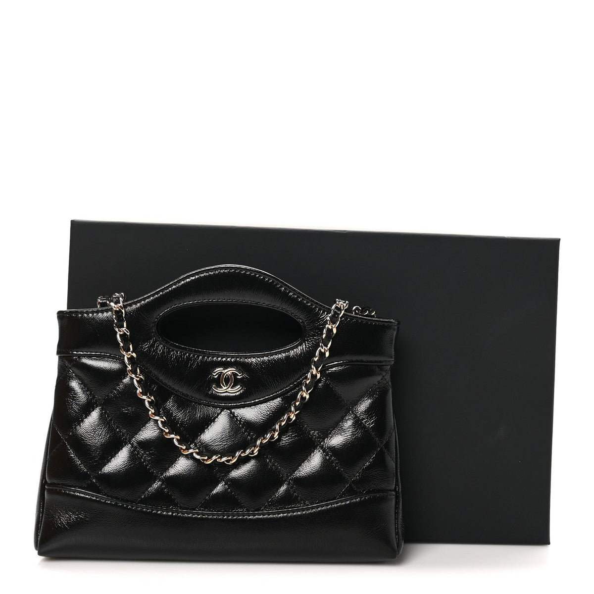 Shiny Crumpled Calfskin Quilted Nano 31 Shopping Bag Black