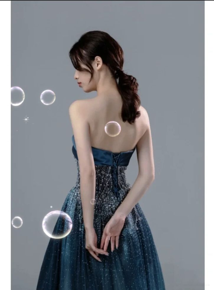 Navy Blue Strapless A-Line Beading Satin long Formal Party Dress MD7474