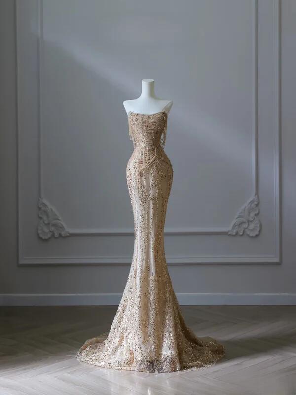Champagne Gold Mermaid Sequins Beaded Long Evening Party Dresses, D1195