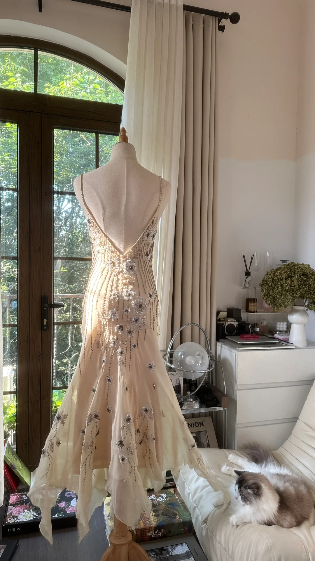 Vintage Beige Spaghetti Strap Beaded Design Romantic Chiffon Evening Dress Prom Dress D1484