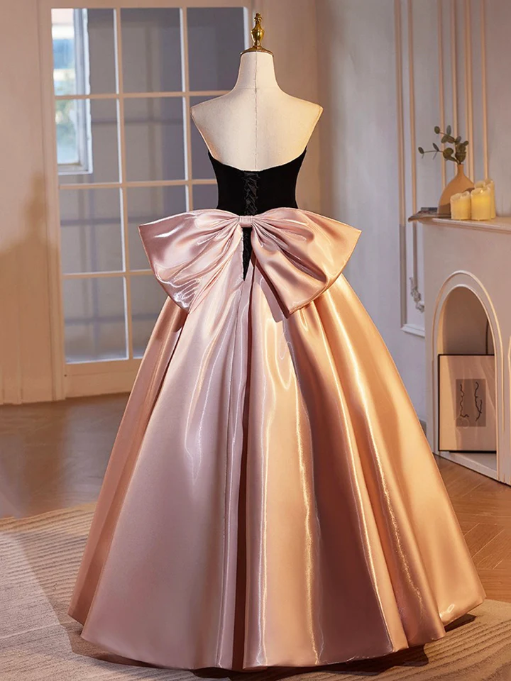 Black Velvet and Pink Satin Beautiful A-Line Strapless Party Dress Evening Gown MD7187