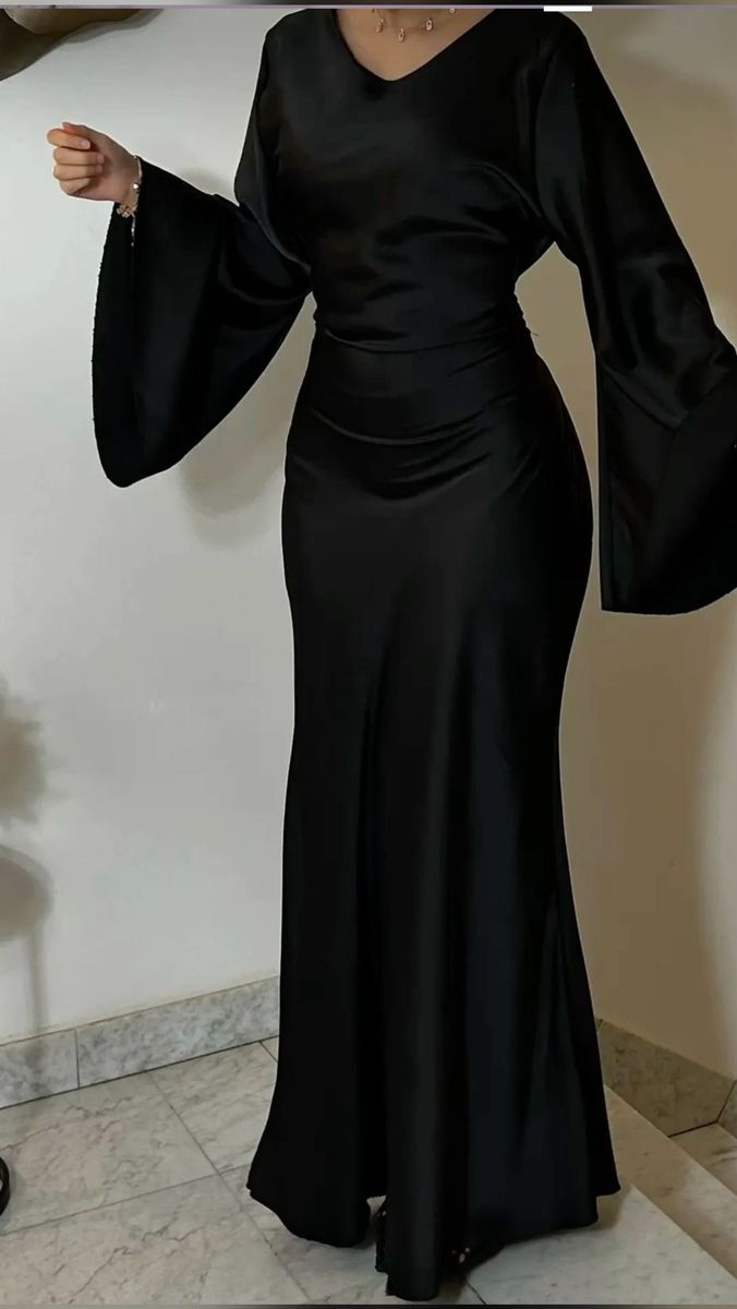 Modest Black Long Sleeves Mermaid Satin Long Prom Dress Evening Party Dress, D739