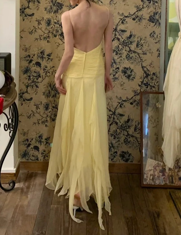 Beauty Prom Dress Light Yellow Spaghetti Straps Pleated Tulle Gala Dress Cocktail Dress Evening Dress D4584