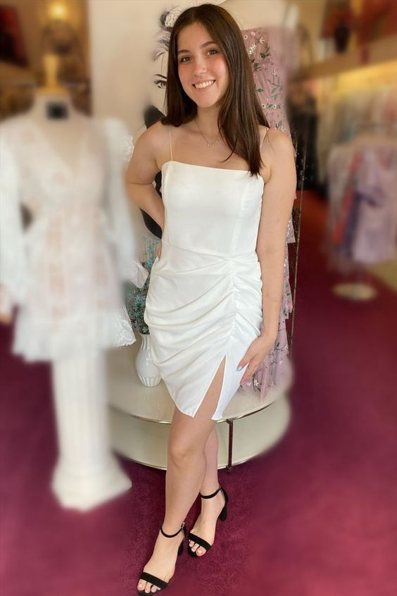 Spaghetti Straps White Pleated Short Homecoming Dress SH756
