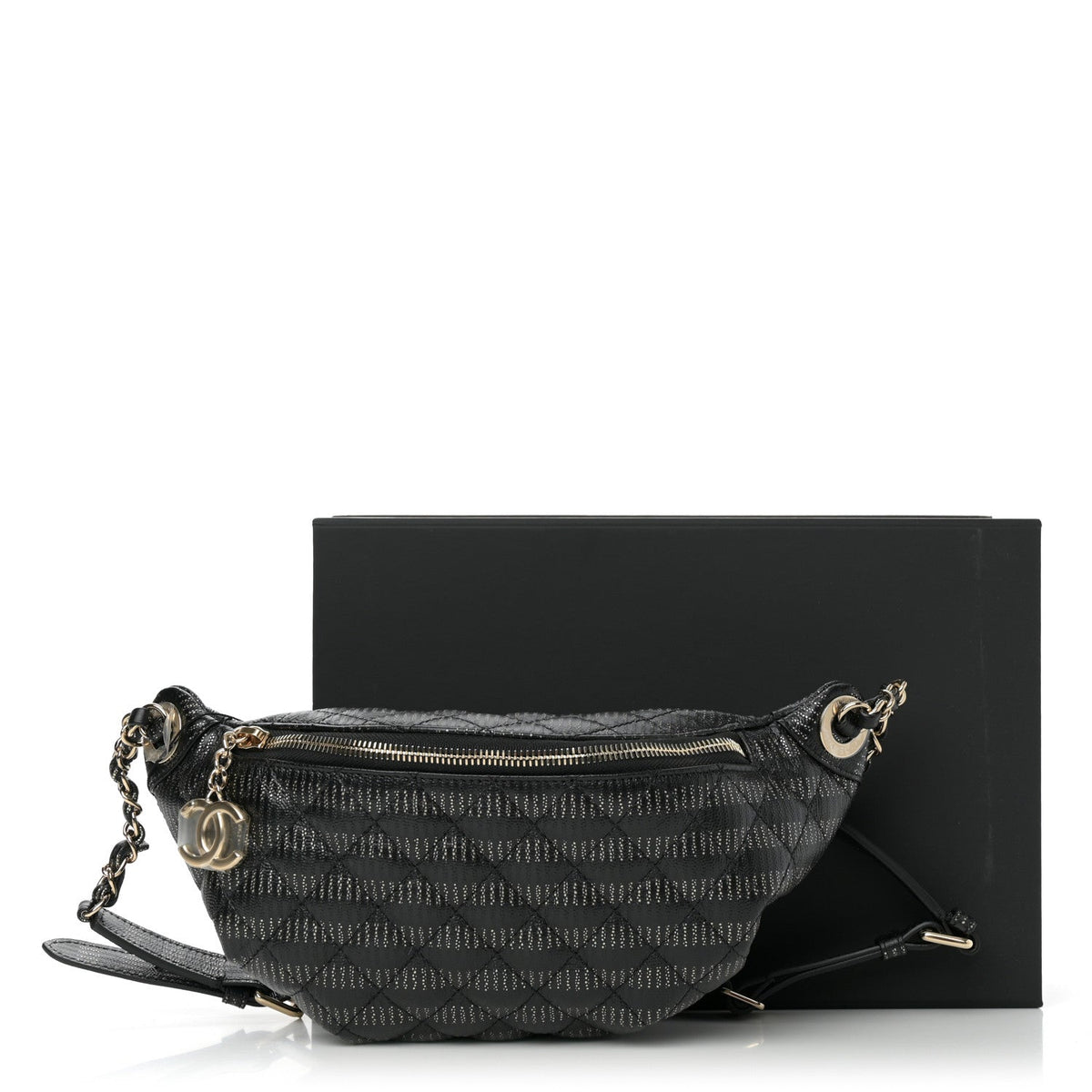 Metallic Caviar Striped Banane Waist Bag Fanny Pack Black Gold
