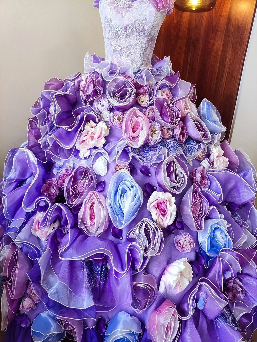 New Arrival Prom Dress Strapless Floral Ruffle Evening Dress Quinceanera Dress Ball Gown D4651