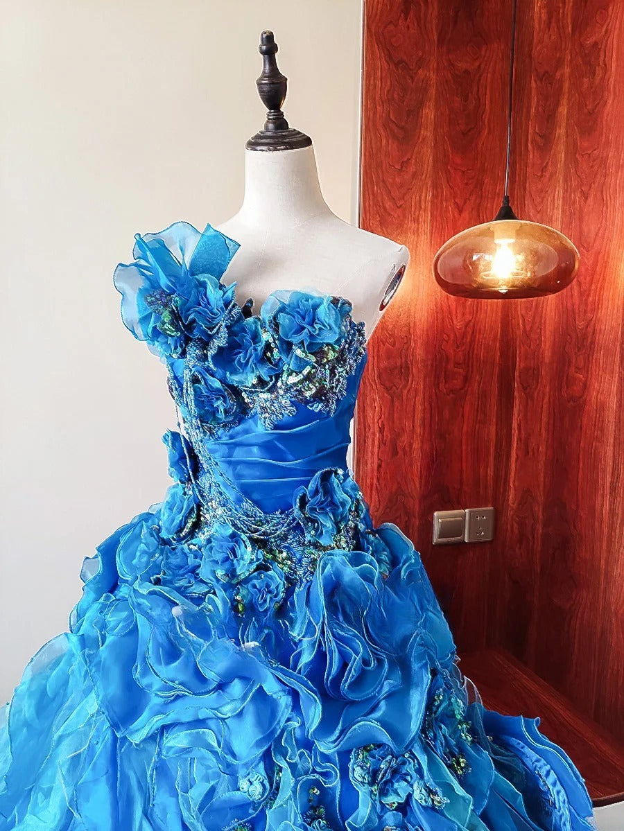 Beauty Prom Dress Blue Strapless Ruffle Tiered Evening Dress Quinceanera Dress Ball Gown D4656
