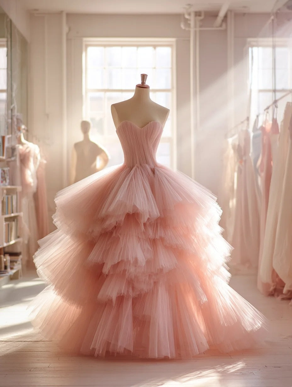 New Design Ball Gown Light Pink Sweetheart Pleated Tulle Evening Gown Quinceanera Dress Prom Dresses D4699
