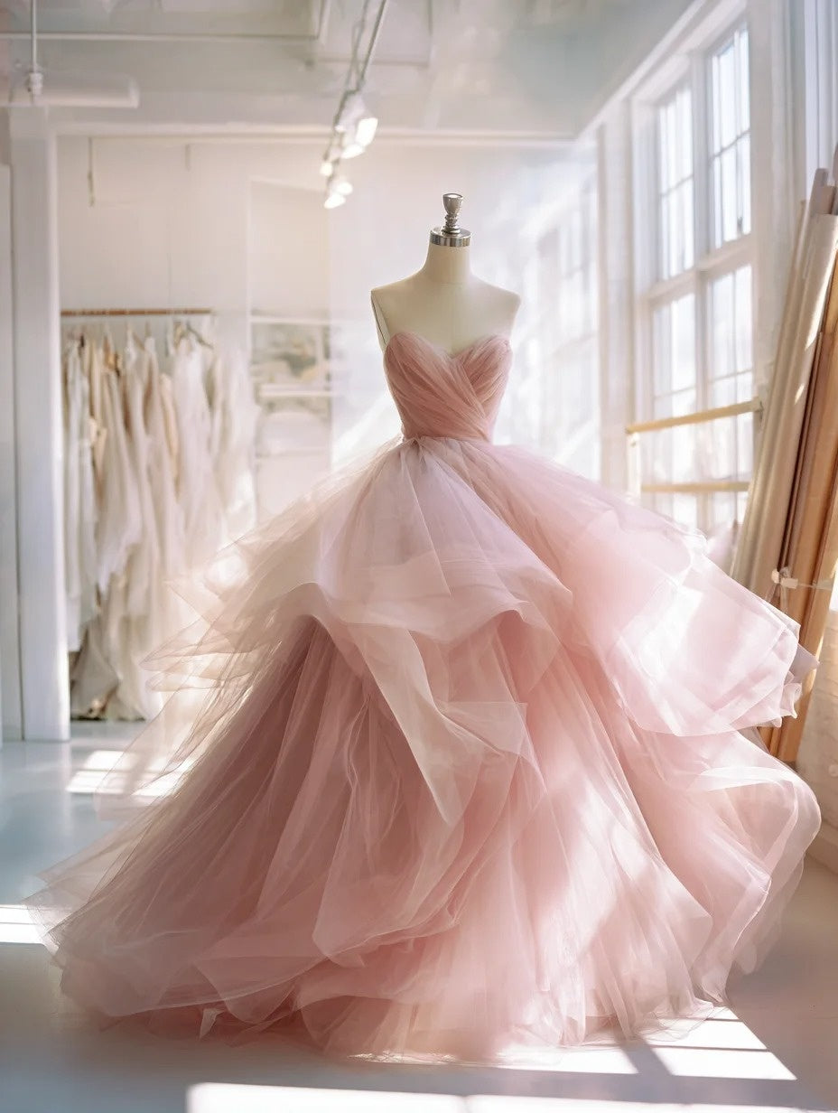 New Arrival Ball Gown Light Pink Sweetheart Pleated Tulle Prom Dresses Evening Gown Quinceanera Dress D4701