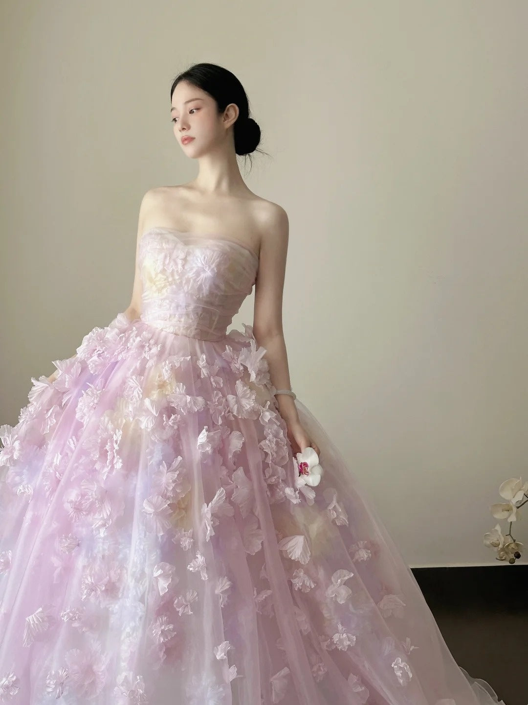 Charming Ball Gown Lialc Strapless Pleated Tulle Floral Prom Dresses Evening Gala Gown Quinceanera Dress D4717