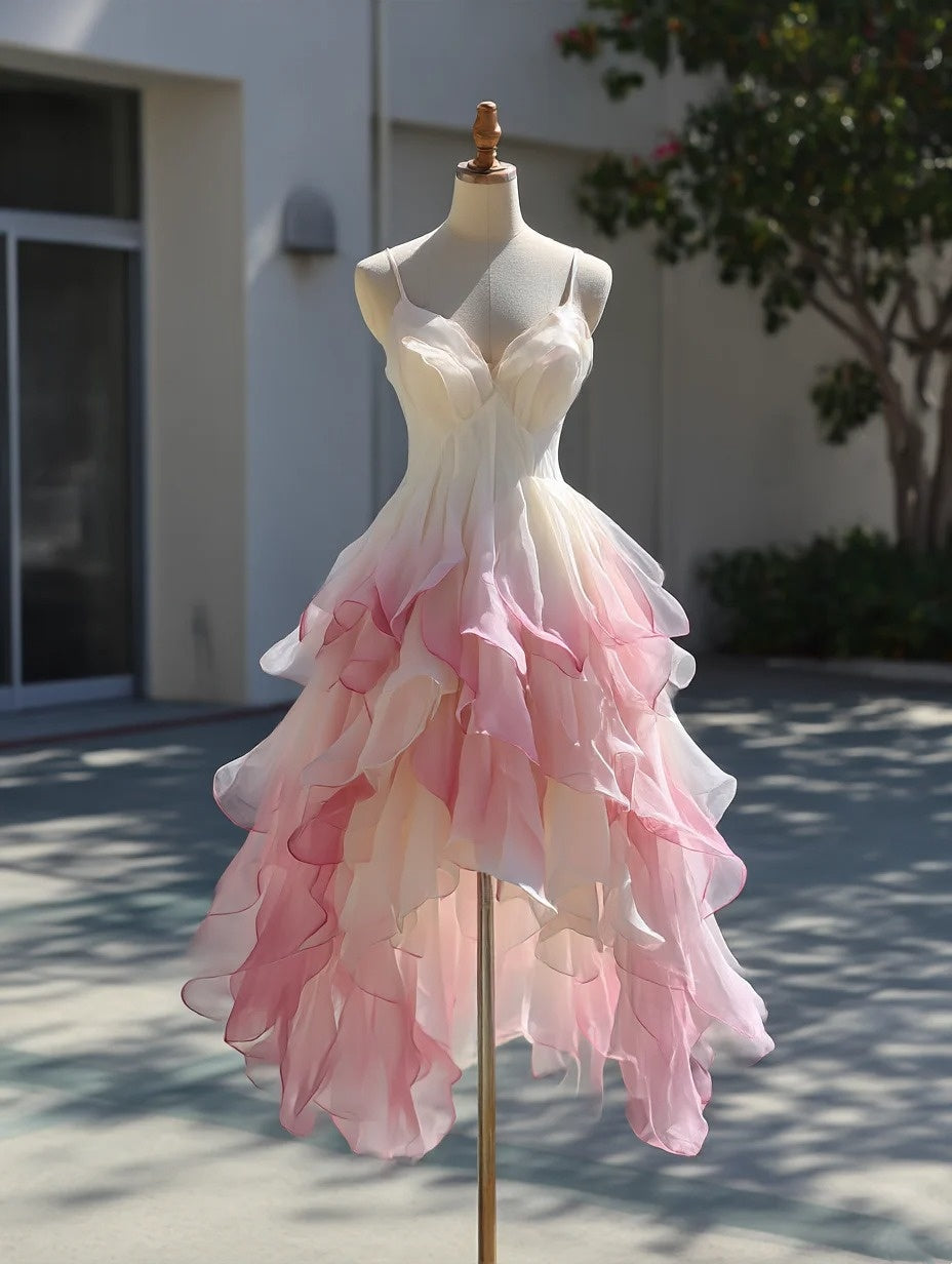 Charming Midi Prom Dress Ombre Spaghetti Straps Pleated Ruffle Formal Dresses Gala Gown Evening Dress D4728