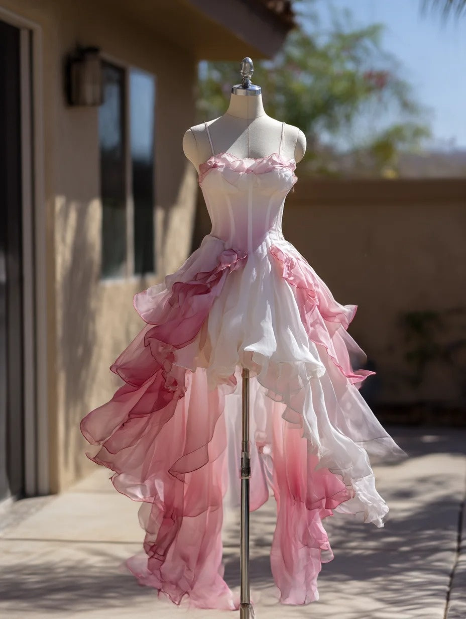 Beauty Midi Prom Dress Ombre Spaghetti Straps Pleated Ruffle Formal Dresses Gala Gown Evening Dress D4729