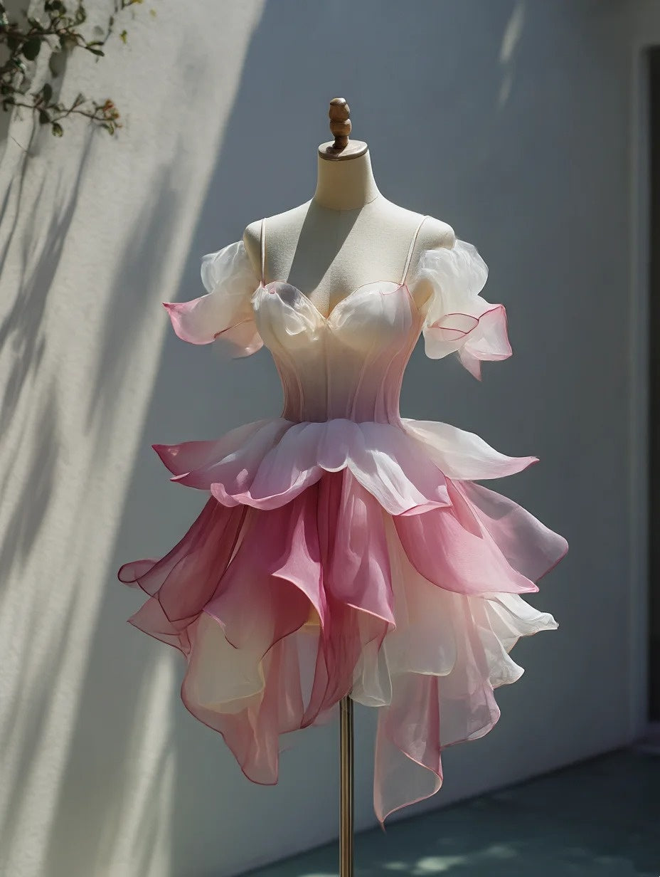 Sweet Homecoming Dress Ombre Spaghetti Straps Ruffle Short Prom Dress Birthday Party Outfits Back to School D4734