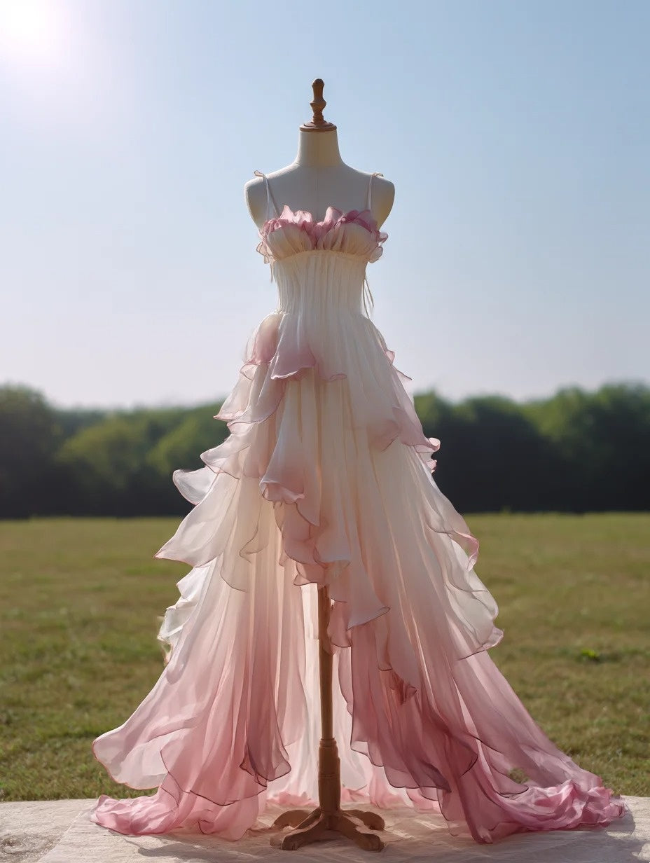 A Line Ombre Prom Dress Spaghetti Straps Pleated Ruffle Formal Dresses Evening Dress Gala Gown D4735