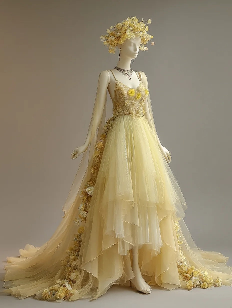 A Line Prom Dress Light Yellow Spaghetti Straps Pleated Tulle Formal Dresses Evening Dress Gala Gown D4754