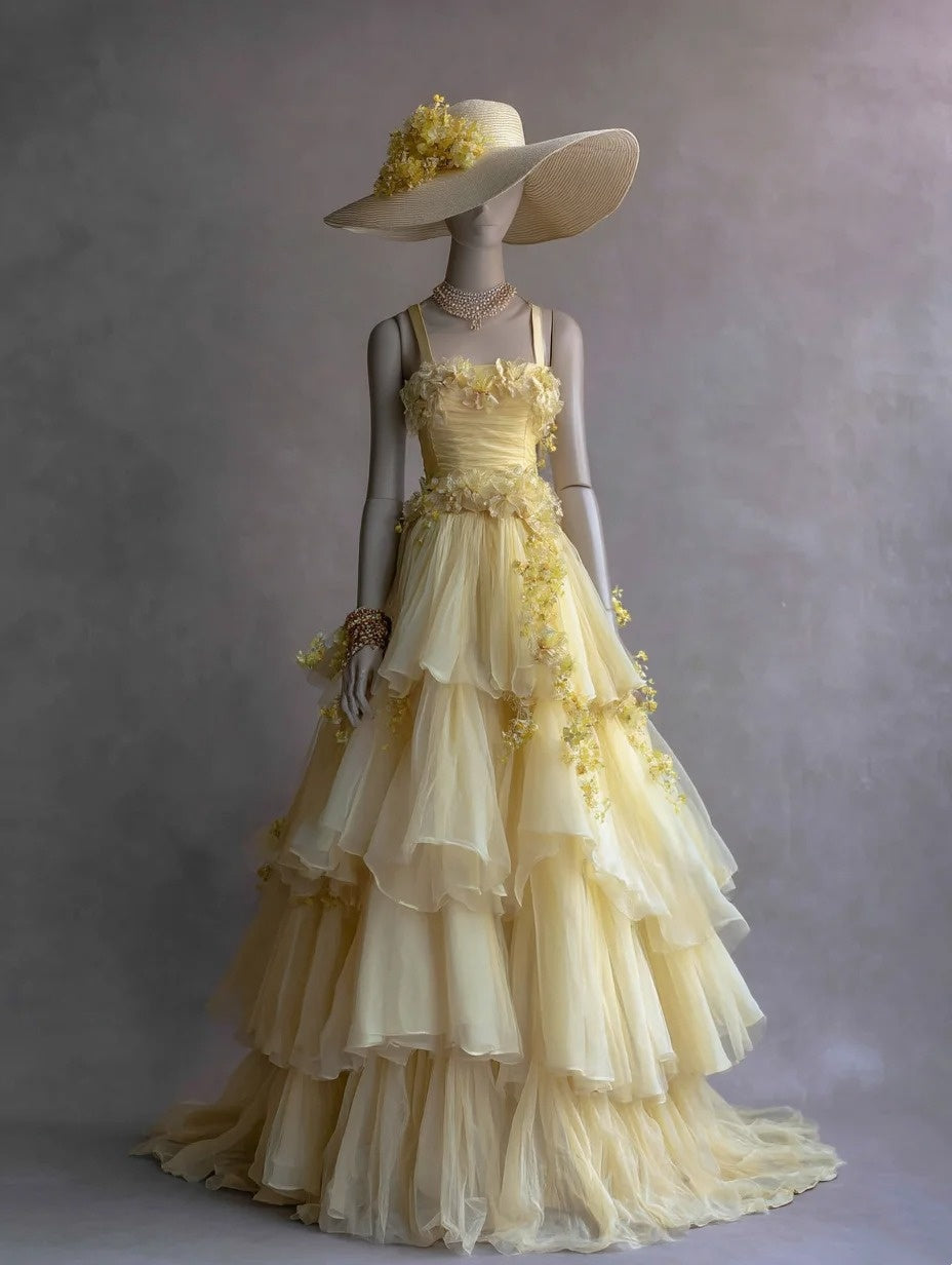 A Line Prom Dress Light Yellow Straps Tulle Tiered Formal Dresses Evening Dress Gala Gown D4755
