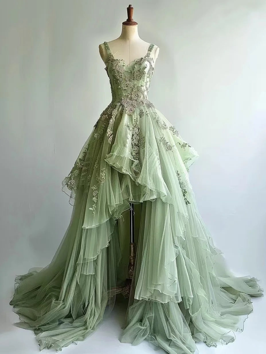 A Line Prom Dress Light Green Spaghetti Straps Tulle Appiques Pleated Formal Dresses Evening Dress Gala Gown D4757