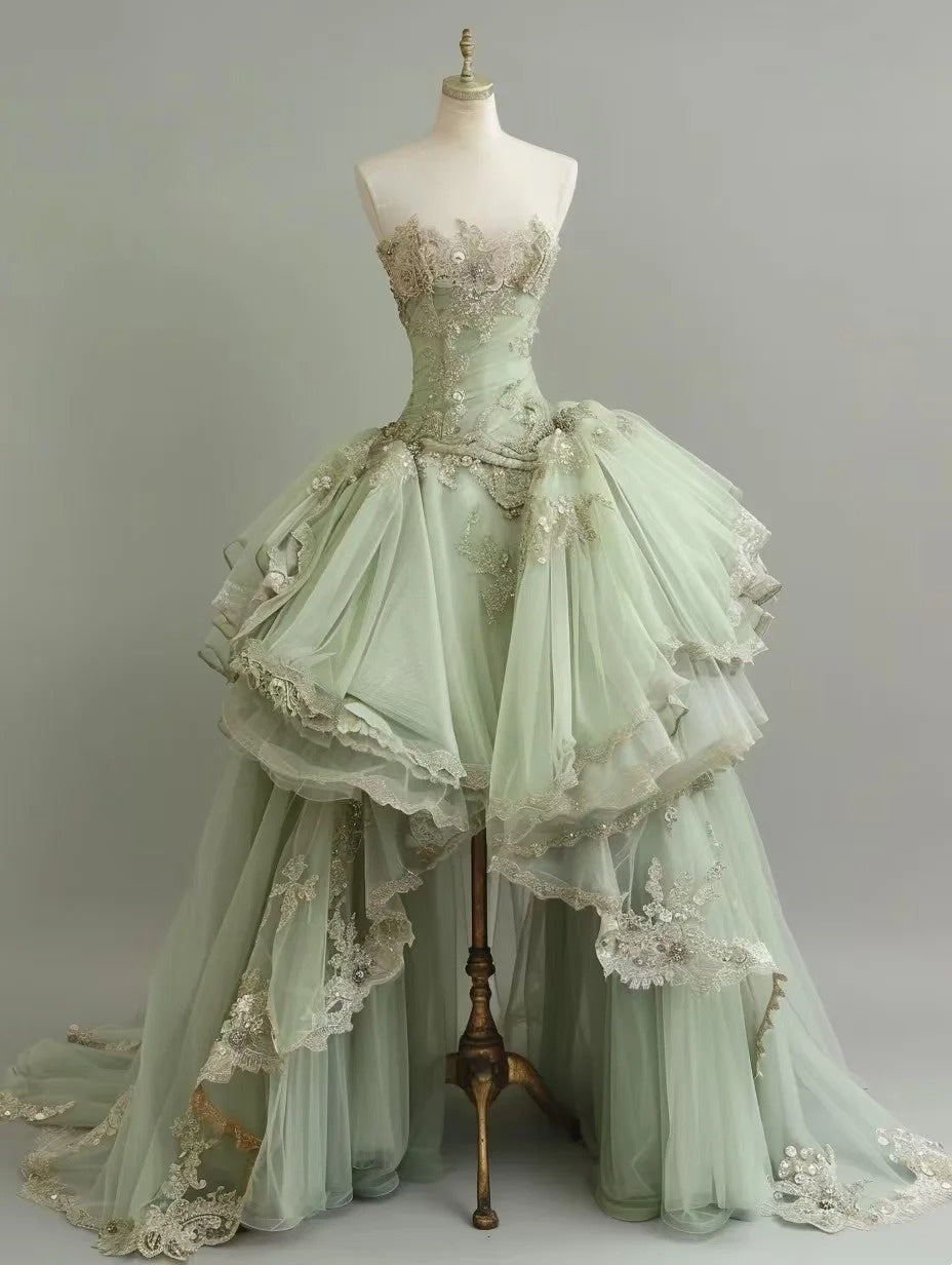 New Arrival Prom Dress Light Green Strapless Tulle Appiques Pleated Formal Dresses Evening Dress Gala Gown D4758