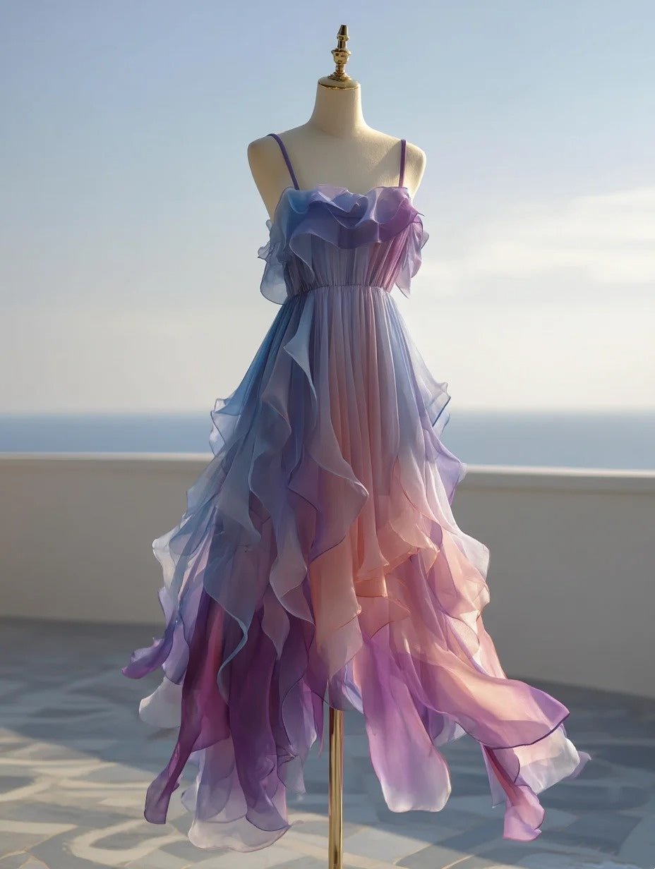 A Line Prom Dress Ombre Spaghetti Straps Pleated Birthday Party Outfits Evening Dress Gala Gown D4774