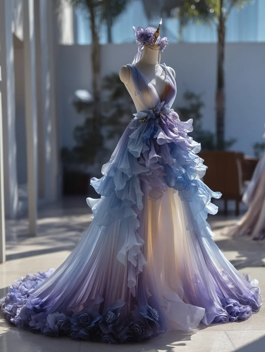 2026 Prom Dress V-neck Pleated Ruffle Gala Gown Birthday Party Outfits Evening Dress D4778