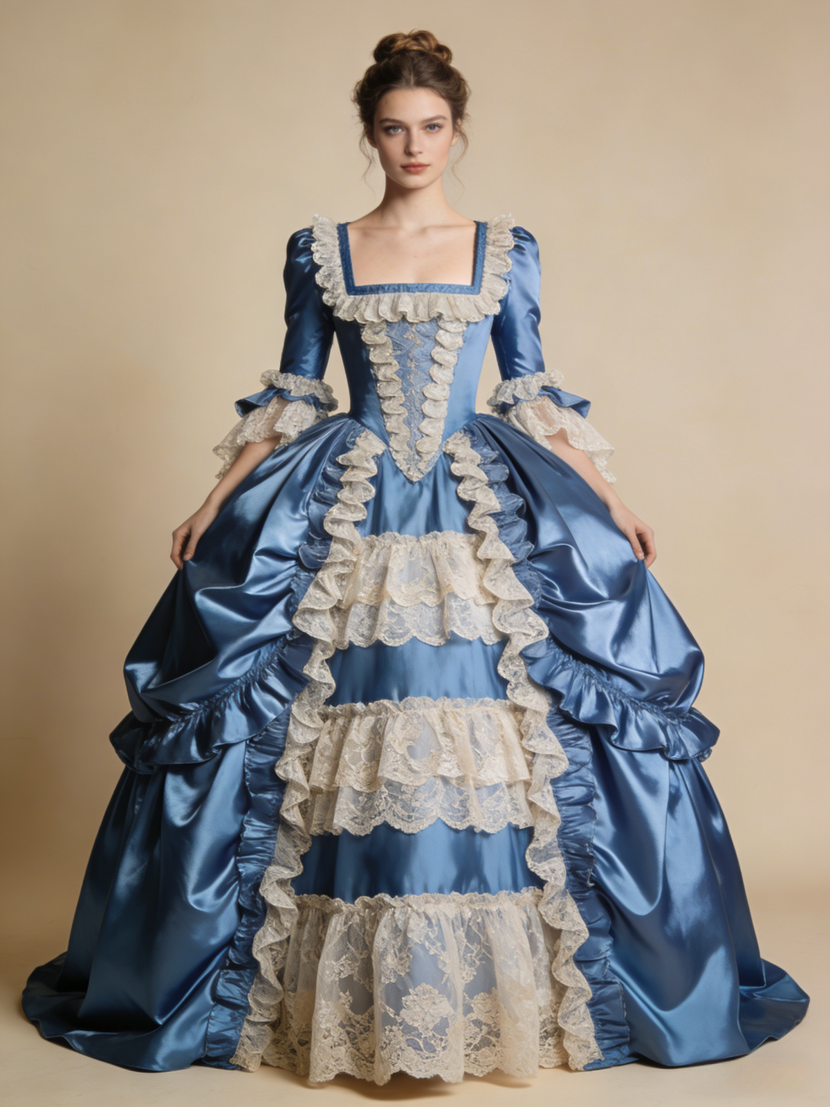 Blue Ball Gown Square Neck Lace Pleated Prom Dresses Quinceanera Dress Evening Gala Gown D4800