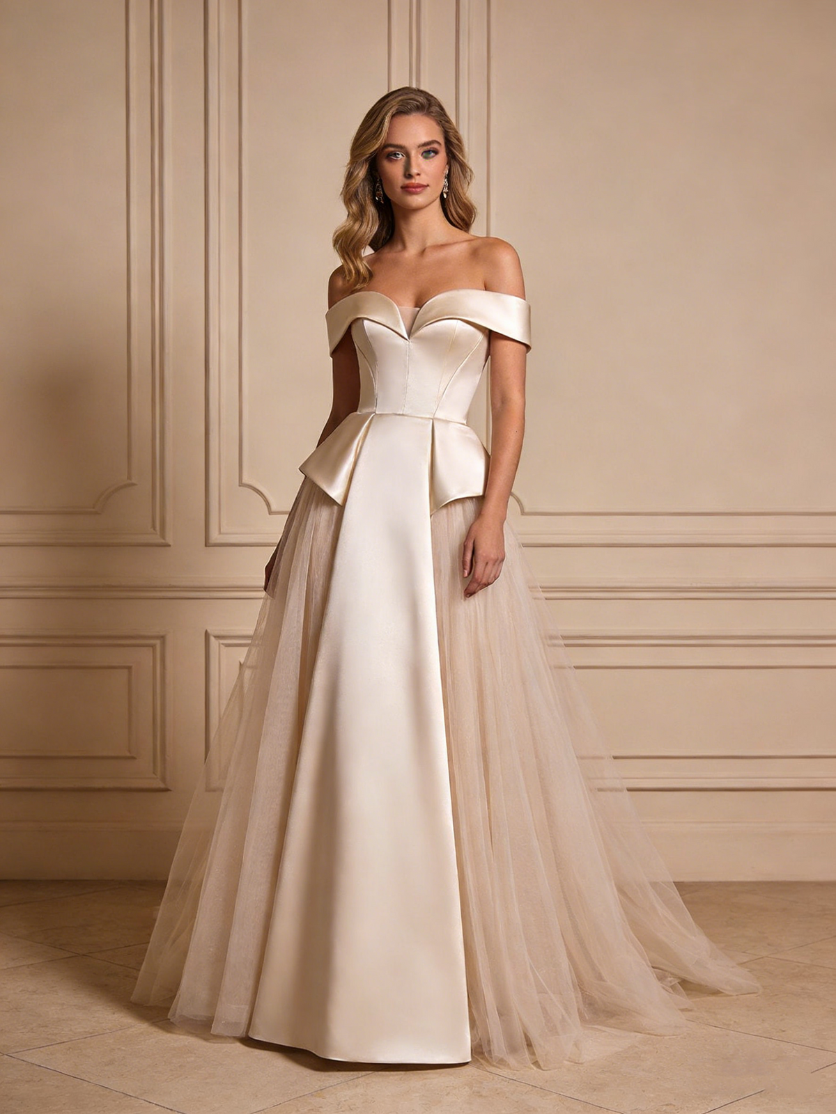 Elegant Wedding Dress Off Shoulder Pleated Tulle Wedding Dress D4803