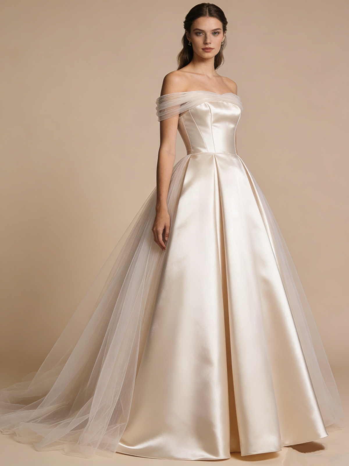 Elegant Wedding Dress Satin Off Shoulder Pleated Tulle Wedding Dress D4804