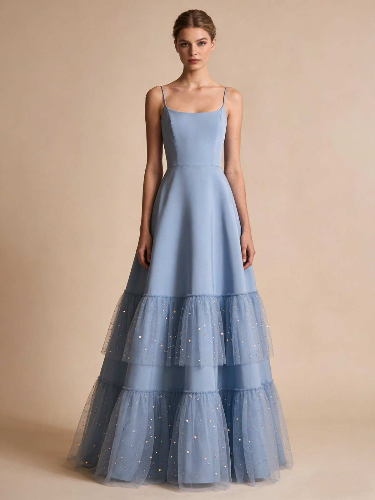 Light Blue Prom Dress A Line Spaghetti Straps Tulle Gala Gown Birthday Party Outfits Evening Dress D4807