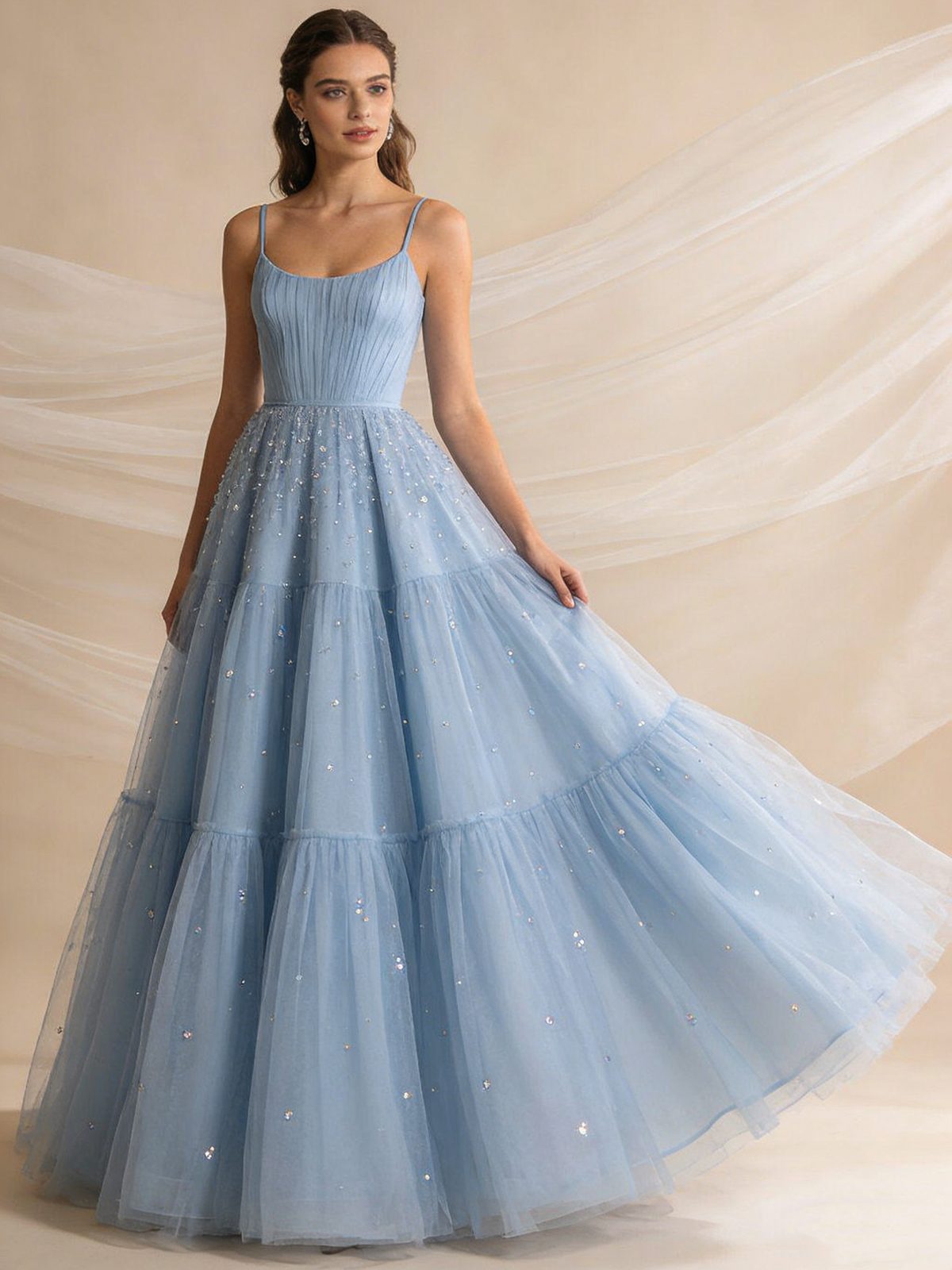 A Line Prom Dress Spaghetti Straps Pleated Tulle Gala Gown Birthday Party Outfits Evening Dress D4810