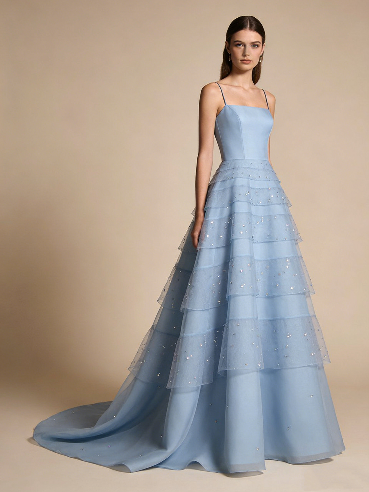 A Line Prom Dress Light Blue Spaghetti Straps Birthday Party Outfits Gala Gown Evening Dress D4811