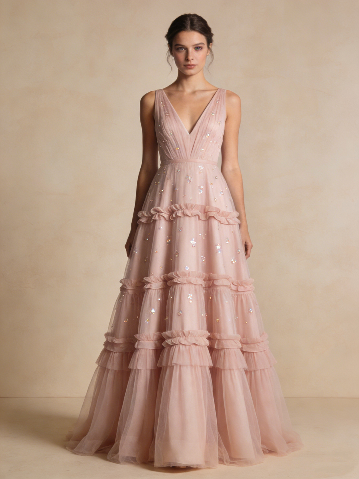 Elegant Prom Dress A Line V-neck Pleated Tulle Birthday Party Outfits Gala Dress Evening Gown D4815