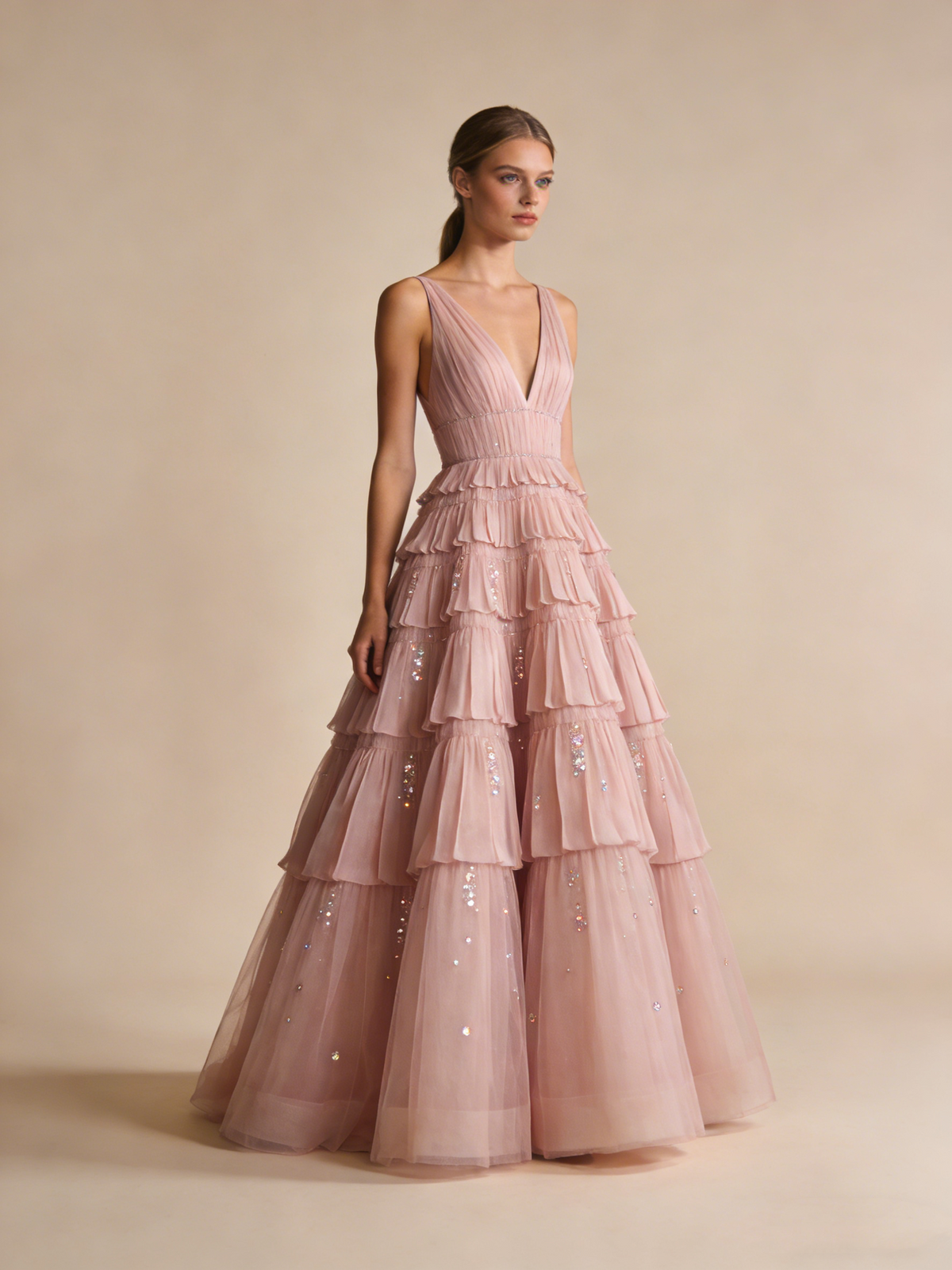 A Line Prom Dress Light Pink V-neck Pleated Birthday Party Outfits Gala Dress Evening Gown D4820
