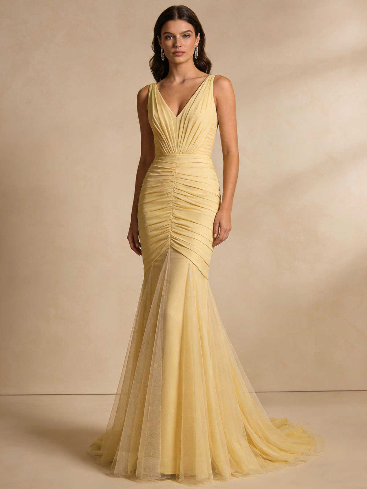 Light Yellow Prom Dress V-neck Pleated Tulle Mermaid Birthday Party Outfits Gala Dress Evening Gown D4829