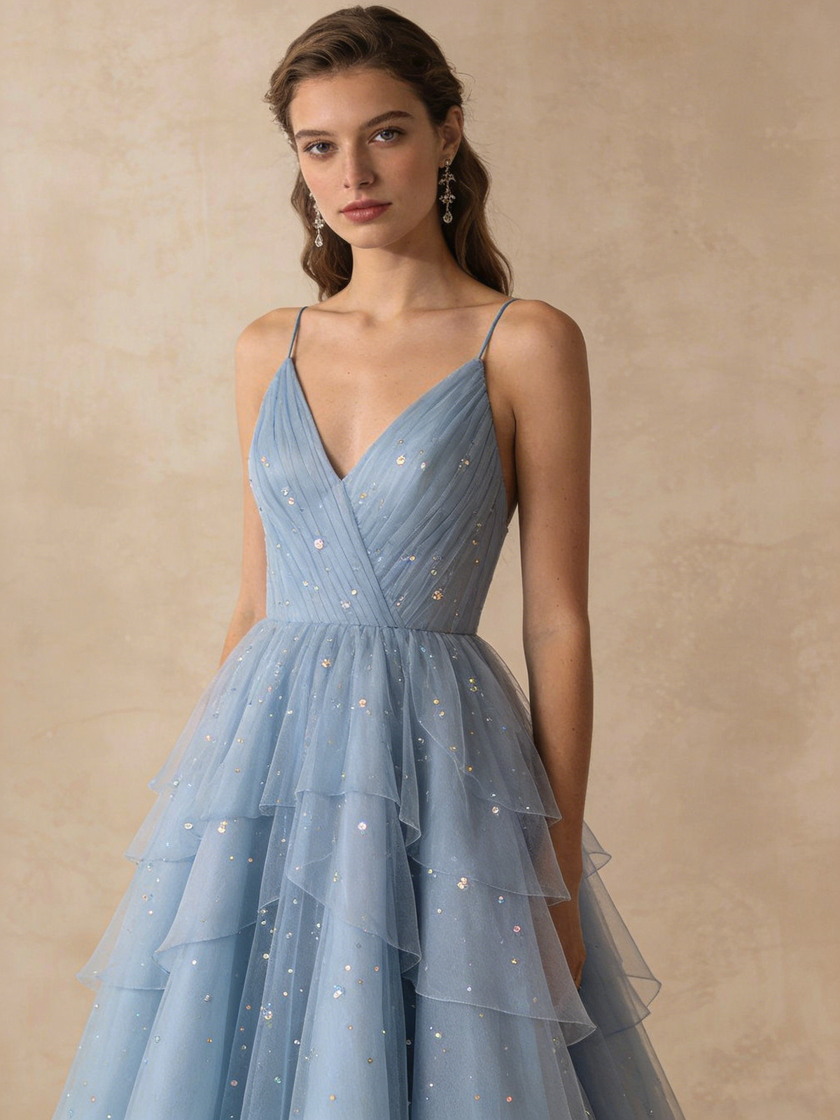 A Line Prom Dress Light Blue V-neck Pleated Tulle Evening Gown Birthday Party Outfits Gala Dress D4842