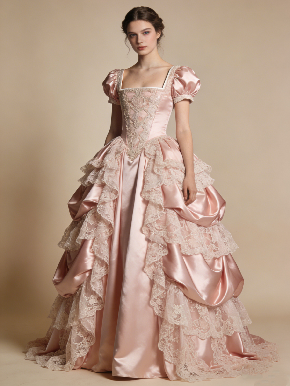 Beauty Ball Gown Light Pink Square Neck Pleated Lace Prom Dresses Sweet 16 Dress Evening Gala Gown D4845