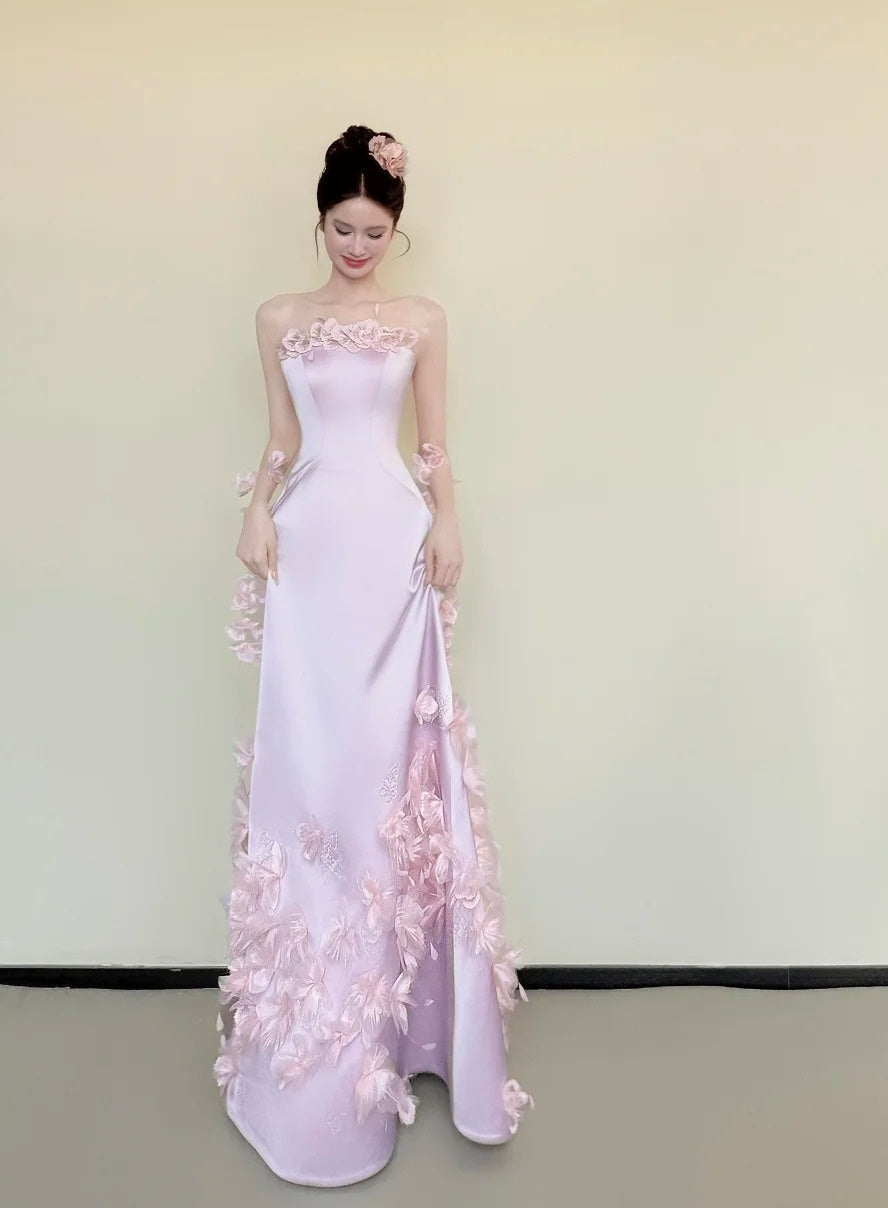 Beauty Prom Dress Light Pink Strapless Floral Gala Dress Evening Gown Birthday Party Outfits D4847