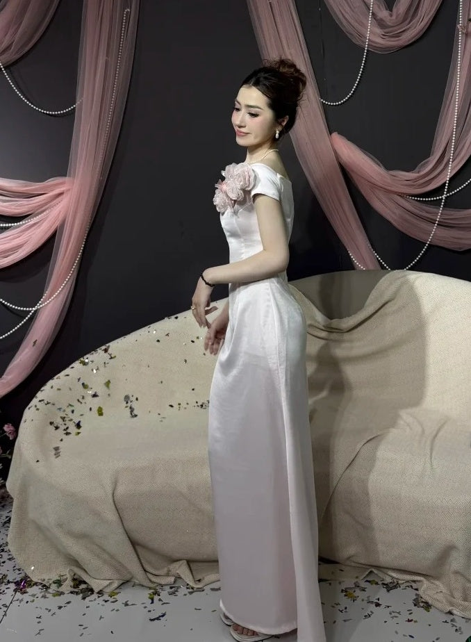 Elegant Prom Dress Satin Off Shoulder Birthday Party Outfits Light Pink Evening Gown Gala Dress D4896