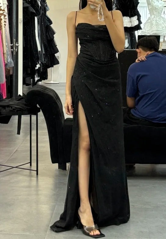 Stunning Prom Dress Black Spaghetti Straps Pleated Gala Gown Party Outfits Evening Dress D4930